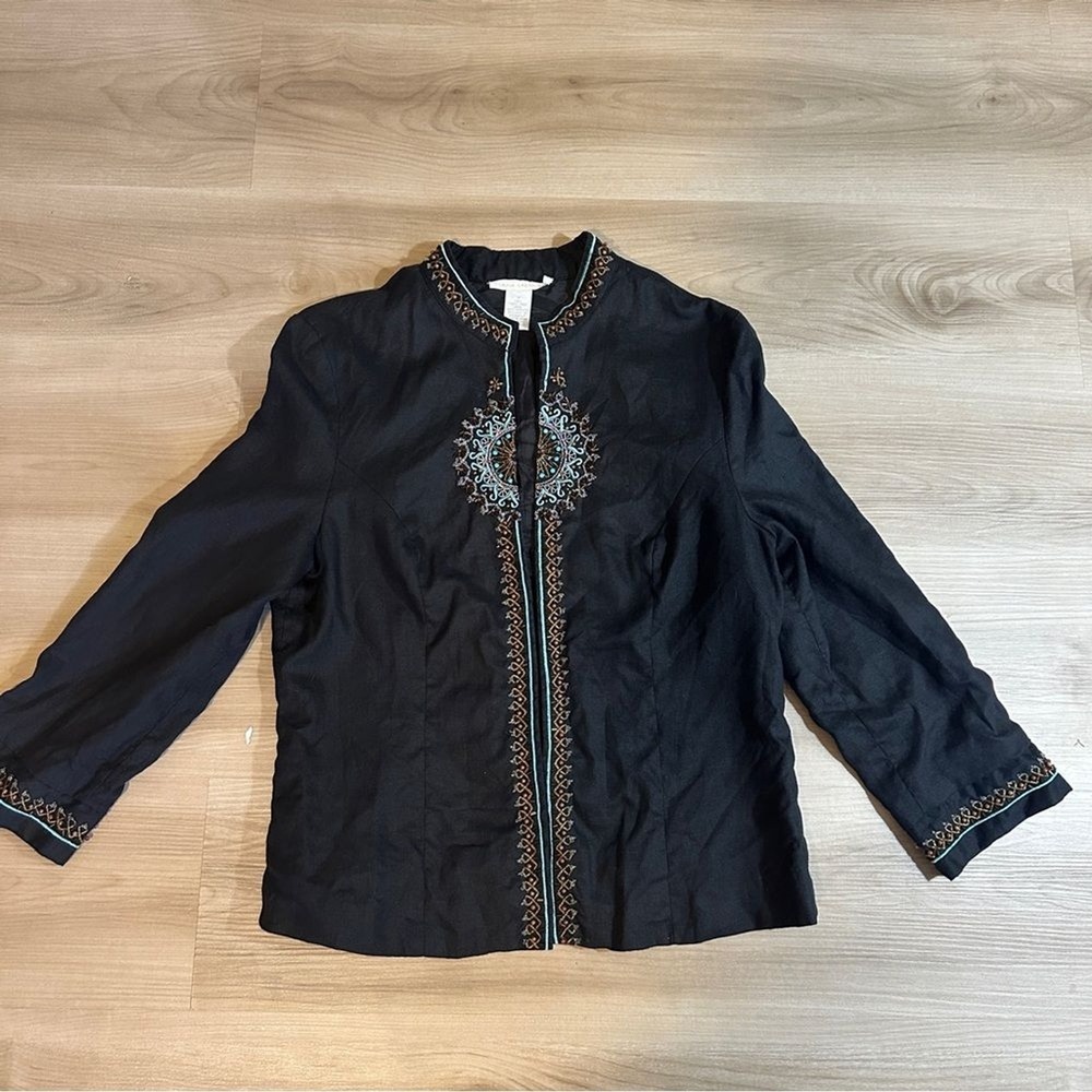 Sarah Spencer Jacket Black 12 Womens Linen Beaded Embroidered Boho Open Front - Picture 11 of 13
